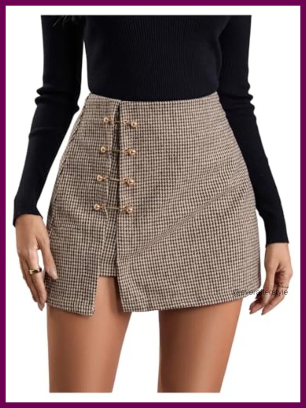 Faux Leather Mini Skirt with Metallic Trim Side Slit High Waisted